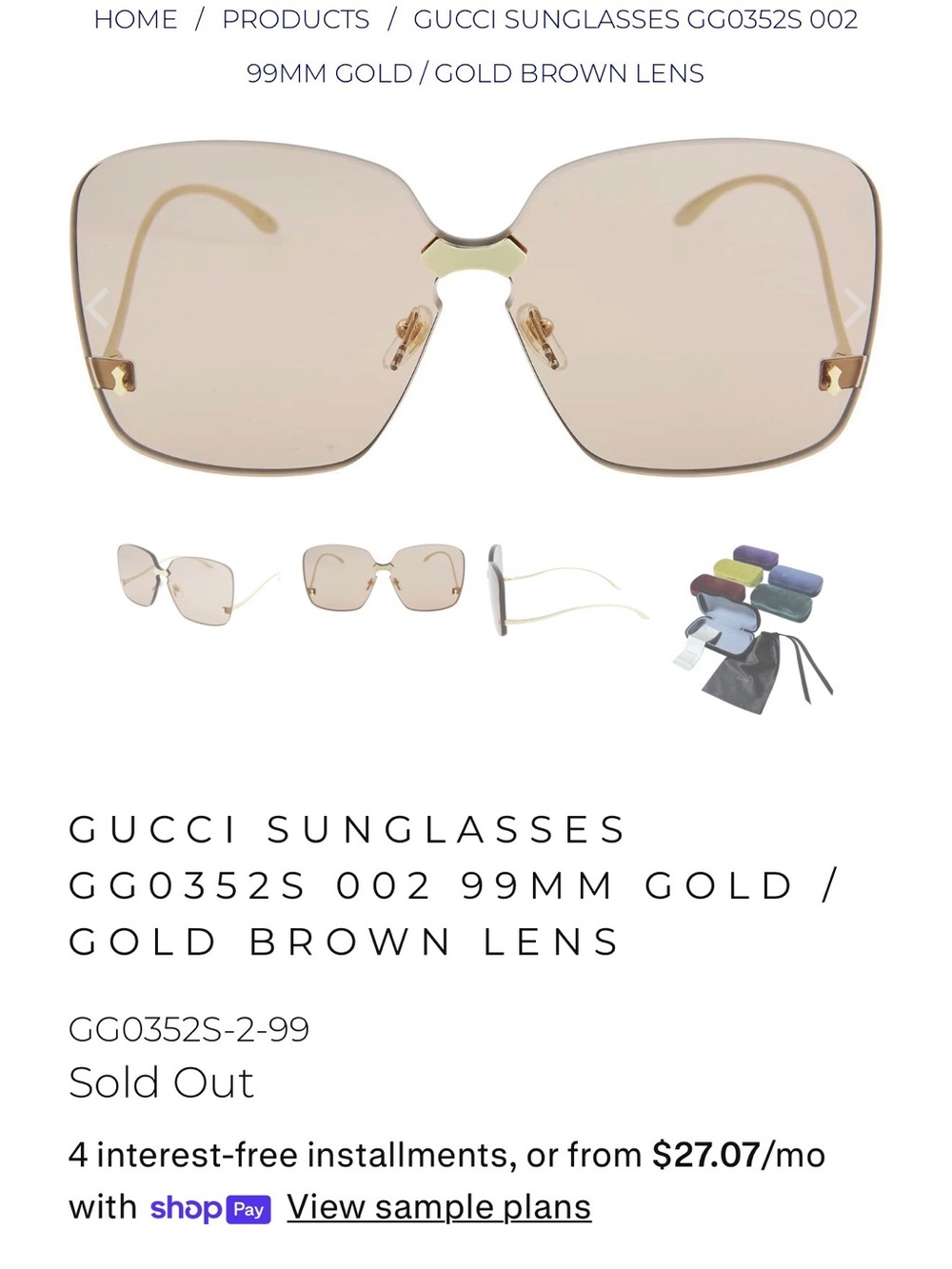 NWT Gucci GG0352S 002 Gold Rimless Oversized Brown Gradient Sunglasses - Picture 9 of 9